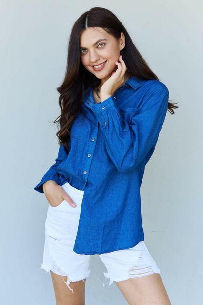 Doublju Blue Jean Baby Denim Button Down Shirt Top in Dark Blue.