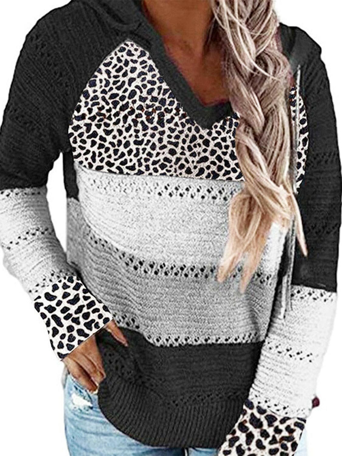 Full Size Openwork Leopard Drawstring Hooded Sweater.