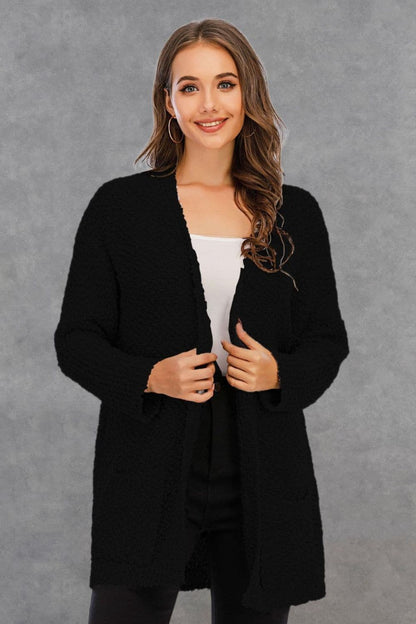 Pocketed Open Front Long Sleeve Cardigan.