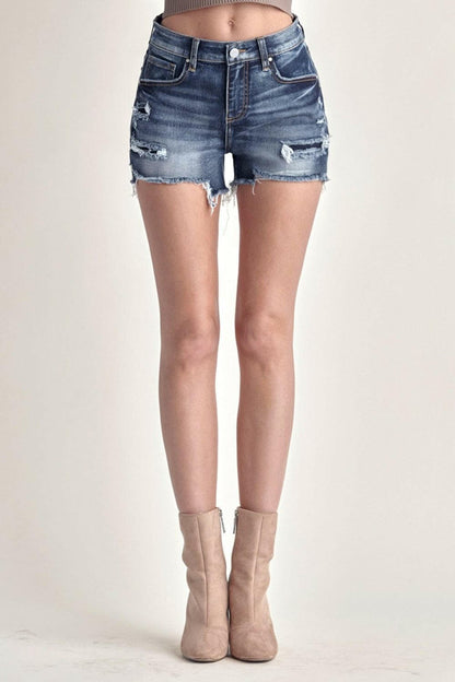 RISEN Mid Rise Raw Hem Denim Shorts.