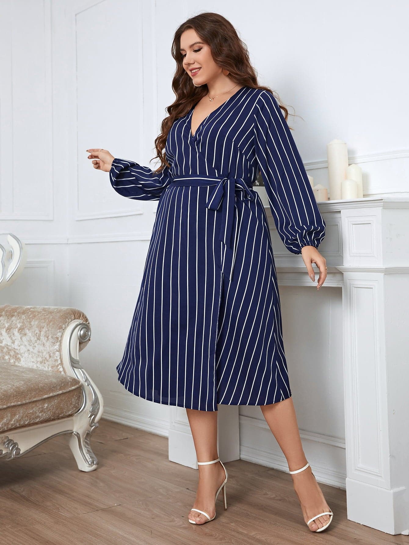 Melo Apparel Plus Size Striped Surplice Neck Long Sleeve Dress.