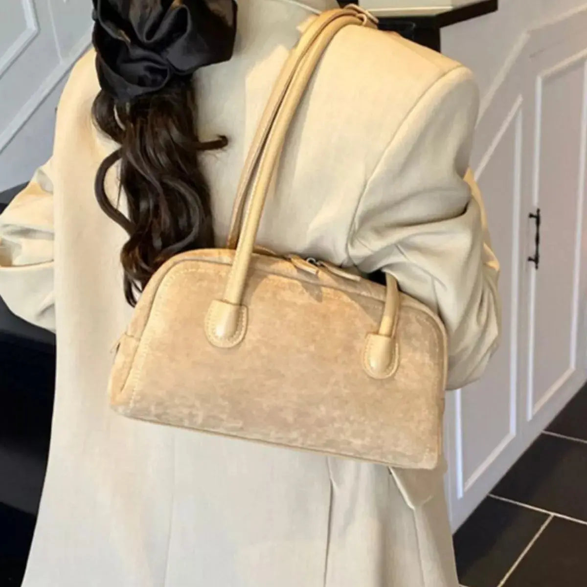 Velvet Shoulder Bag with Leather Strap Simply Love