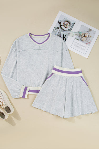 Premium Light Grey Contrast Striped Cropped Pullover And Short Set