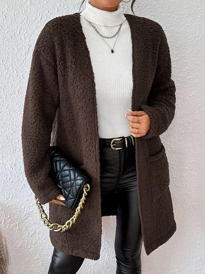 Chic open front long sleeve winter coat with pockets