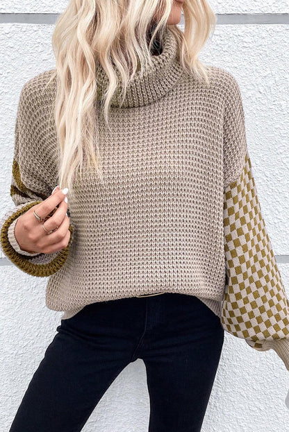 Cozy smoke gray patchwork turtleneck sweater with waffle knit texture