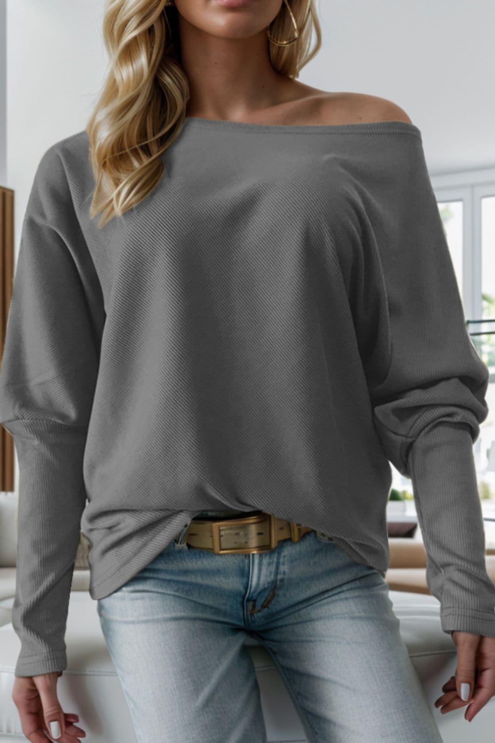 Boat Neck Long Sleeve Sweatshirt.