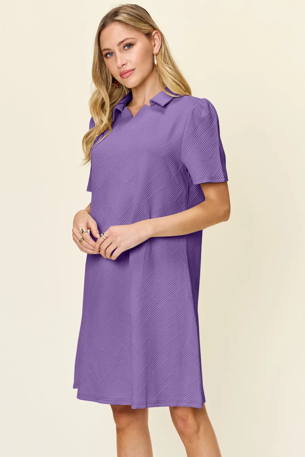 Double Take Full Size Texture Collared Neck Short Sleeve Dress - Love Salve