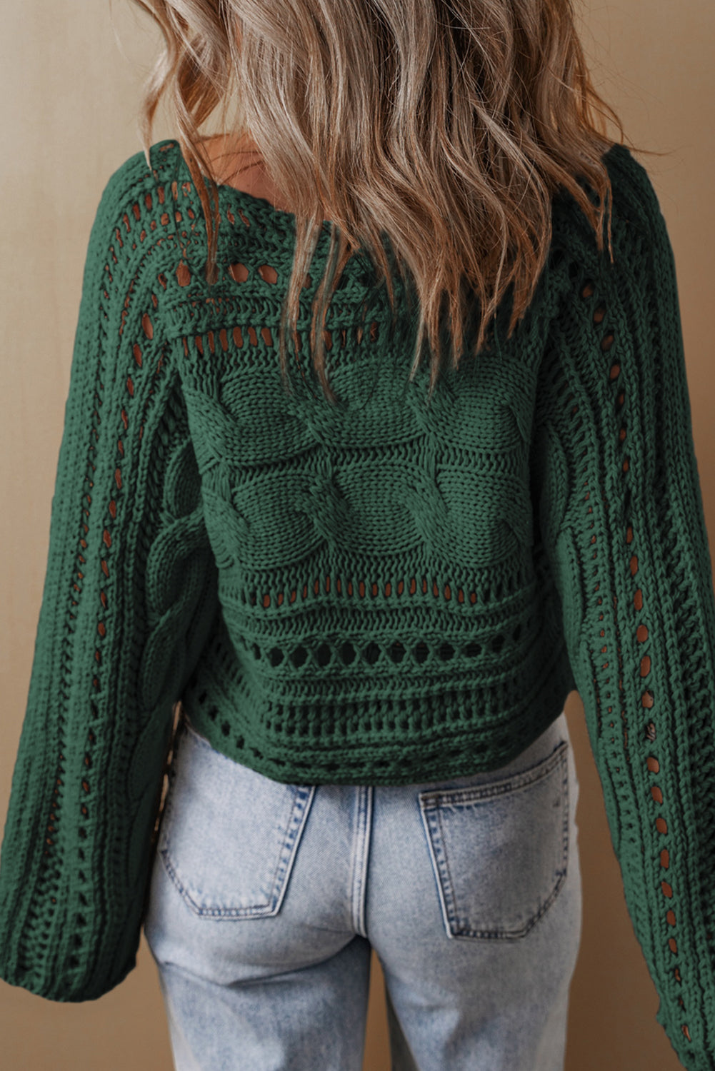 Chic blackish green cropped cable knit sweater with hollow-out design