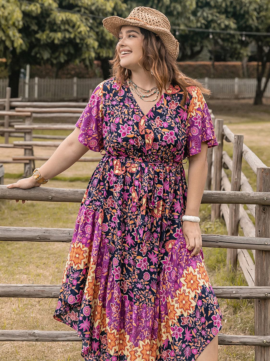 Plus Size Printed V-Neck Flutter Sleeve Midi Dress.