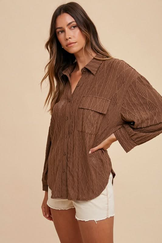 Openwork Drop Shoulder Button-Up Shirt by Annie Wear