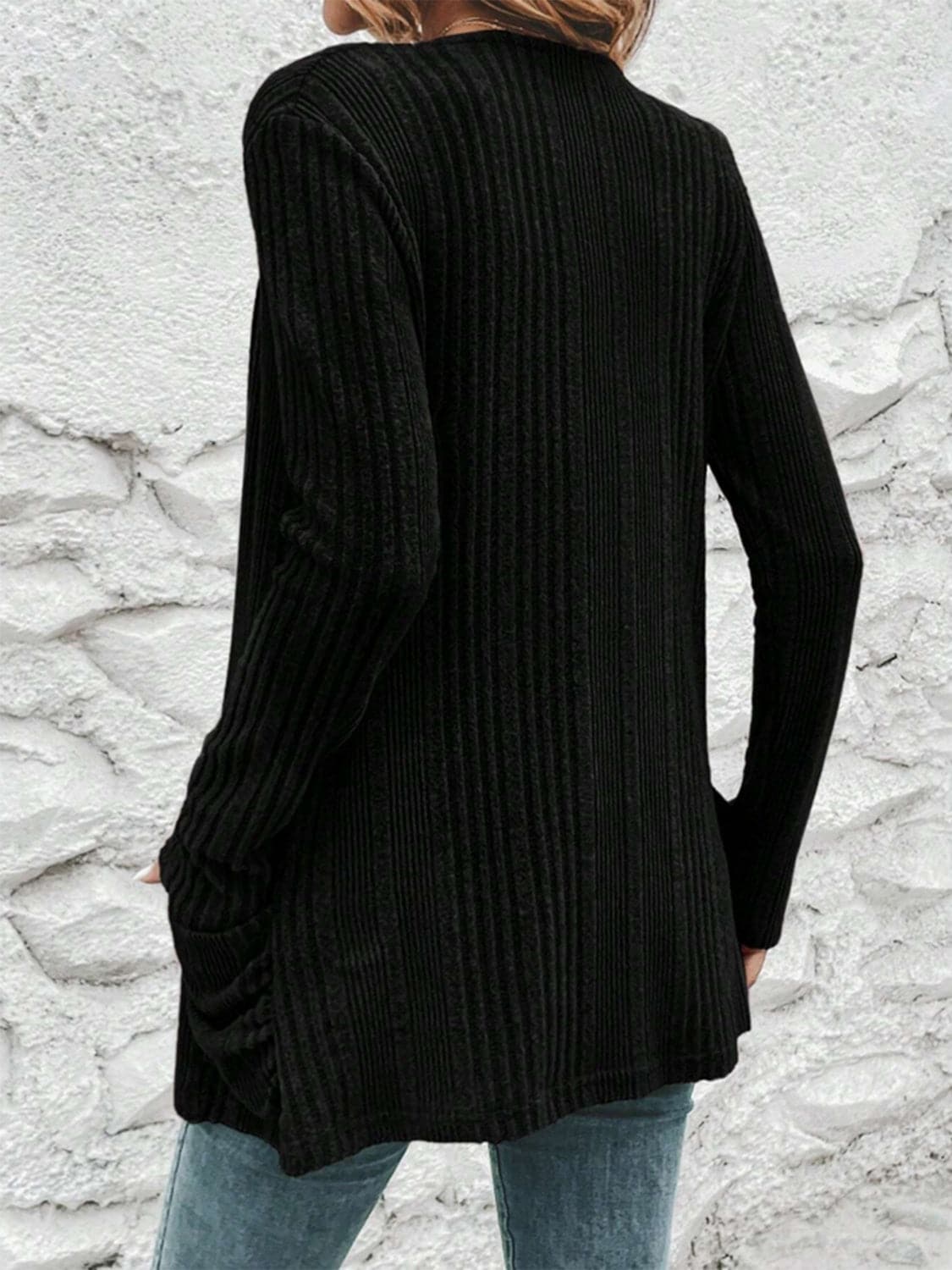 Pocketed Open Front Long Sleeve Cardigan.