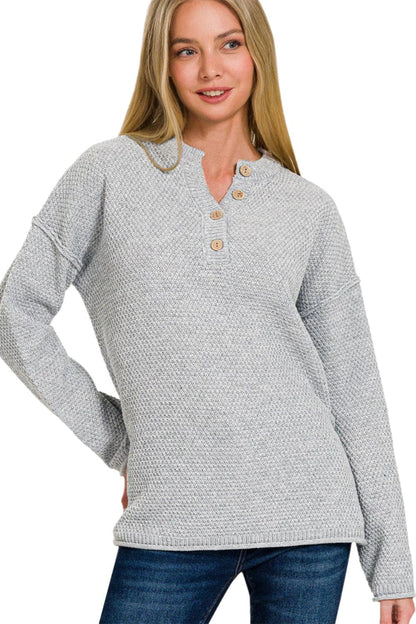 Zenana Button Closure Drop Shoulder Sweater.