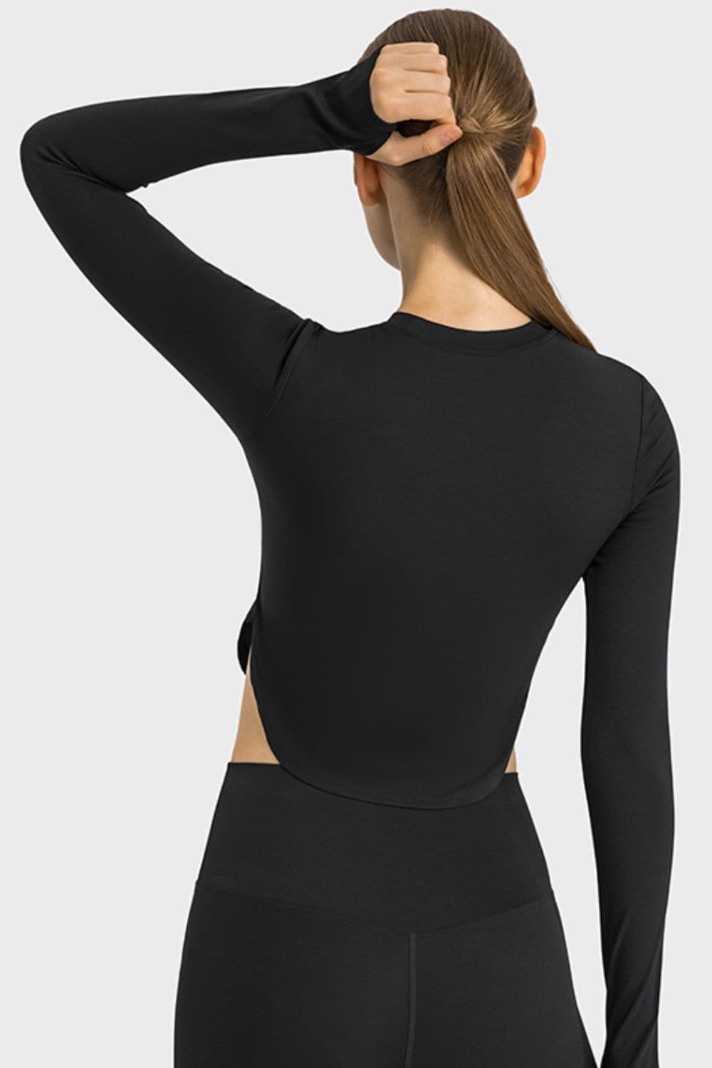 Side Slit Long Sleeve Round Neck Crop Top.