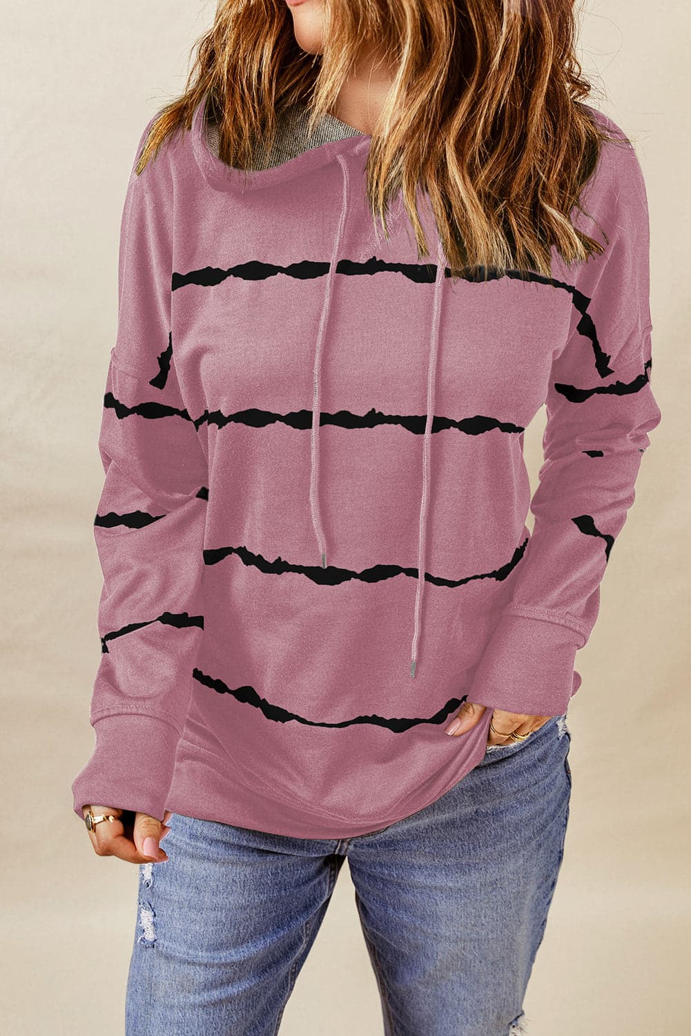 Drawstring Striped Dropped Shoulder Hoodie.