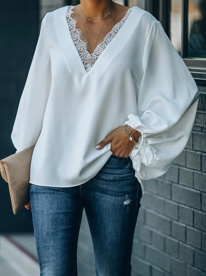 Lace Detail V-Neck Long Sleeve Blouse.