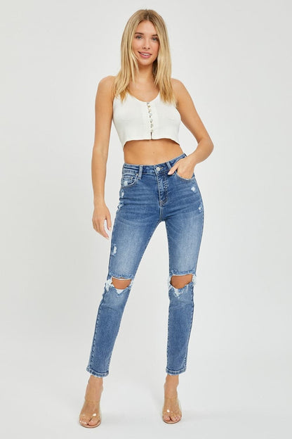 Risen Full Size High Rise Knee Distressed Skinny Jeans.