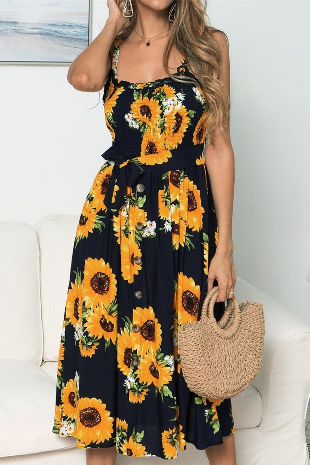 Smocked Sunflower Printed Sleeveless Cami Dress.