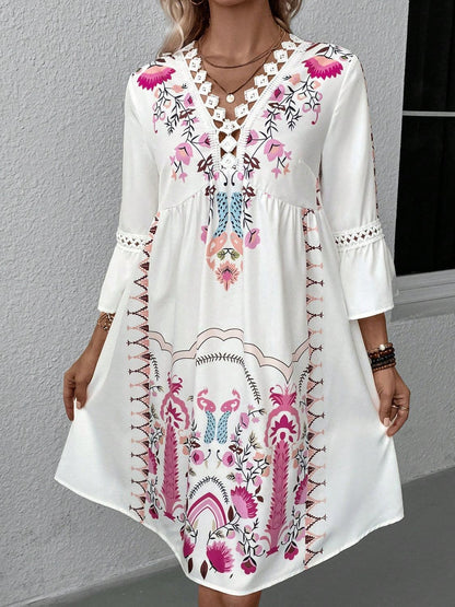 Lace Detail Printed Three-Quarter Sleeve Dress.