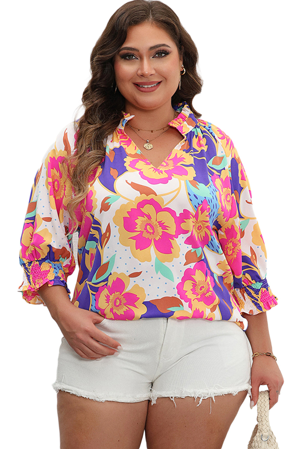 Rose red floral print puff sleeve blouse with split neck design