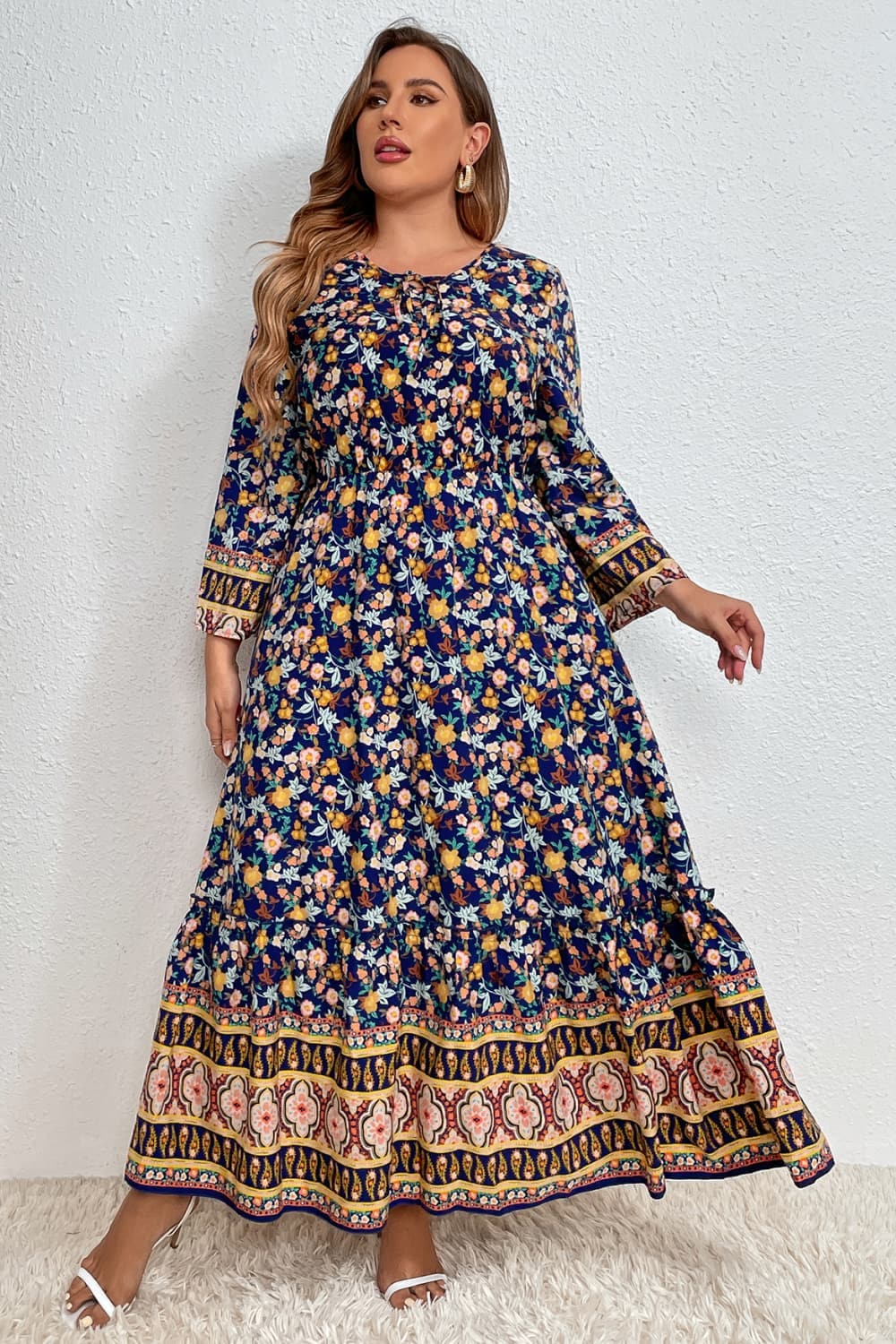 Melo Apparel Plus Size Bohemian Round Neck Maxi Dress.