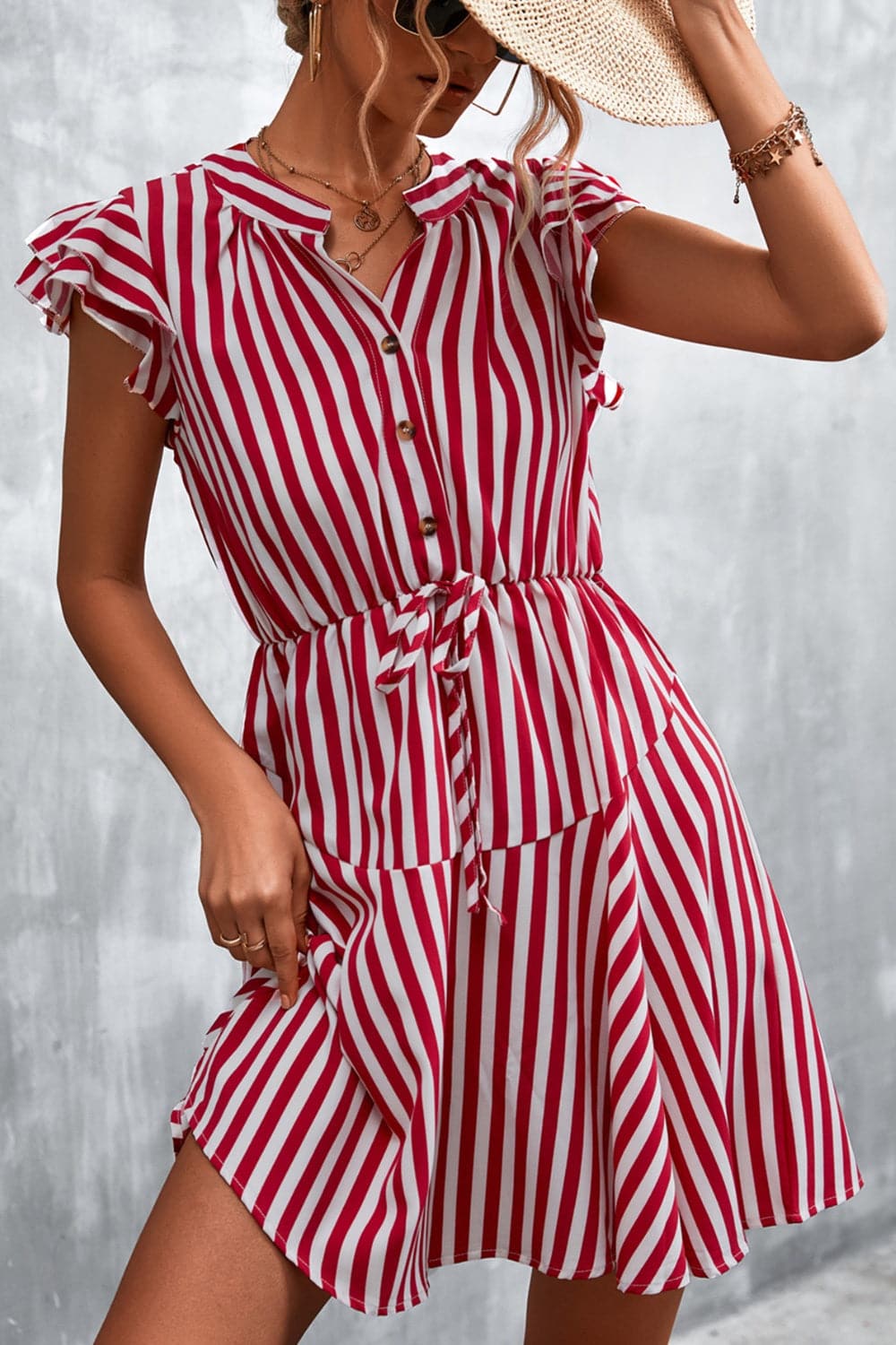 Ruffled Striped Cap Sleeve Mini Dress.