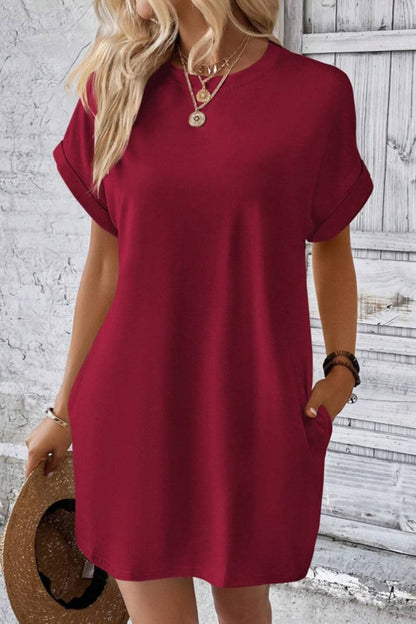 Casual pocketed round neck tee dress