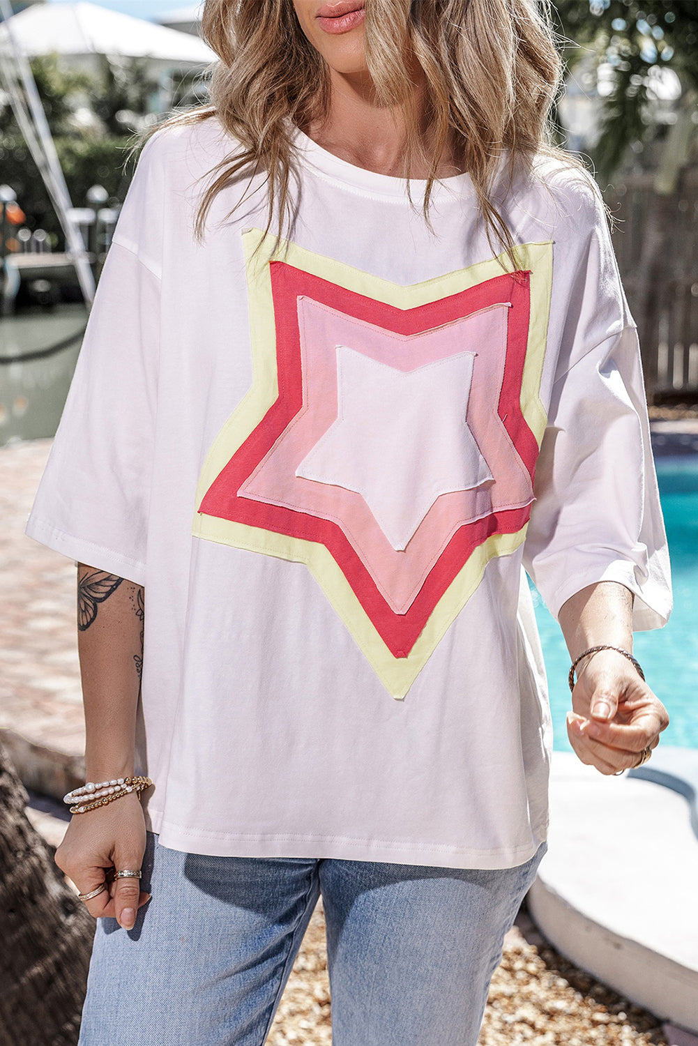 Starry style: White colorblock oversized tee with half sleeves