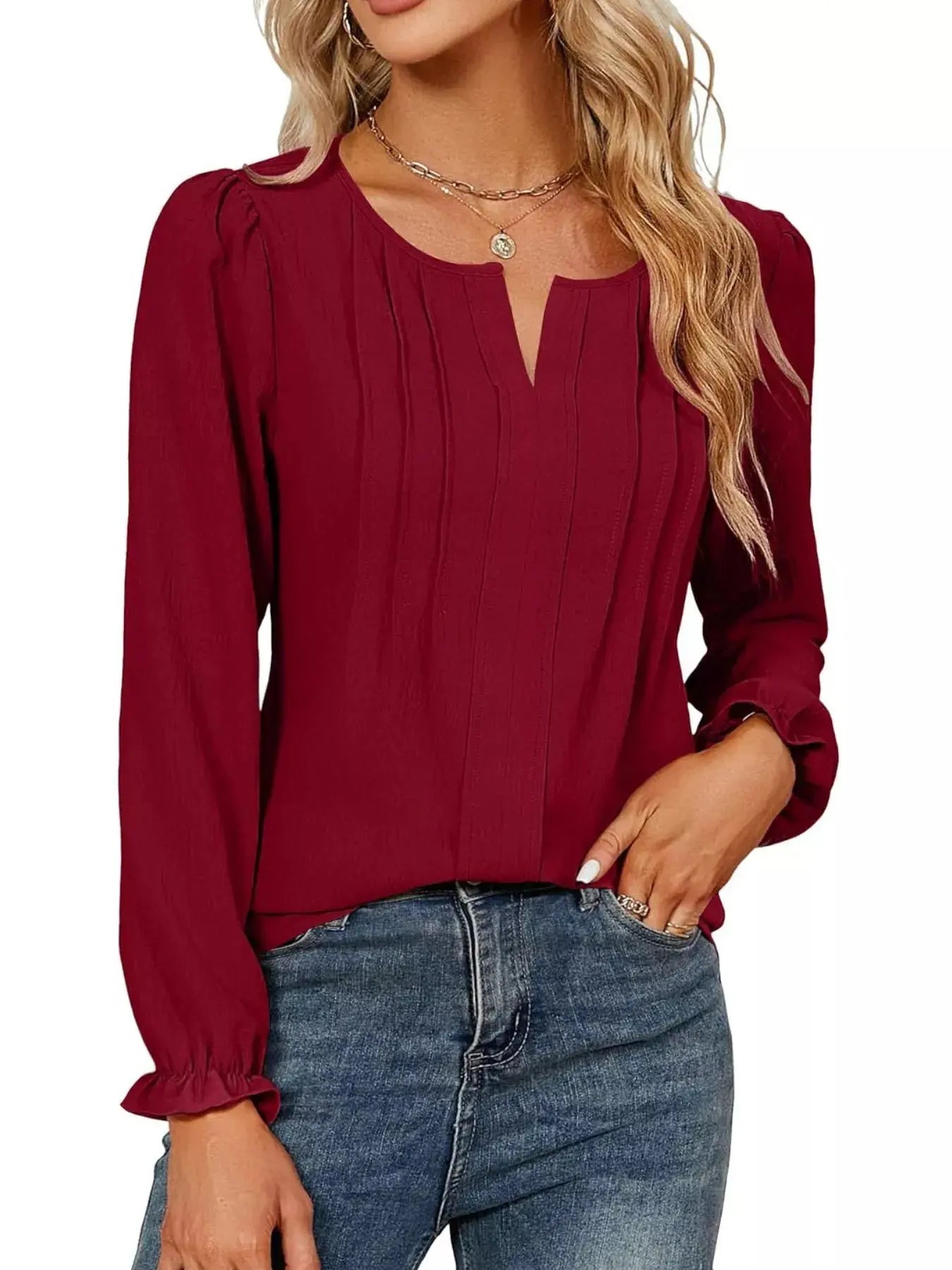 Notched Ruffle Cuff Blouse Simply Love