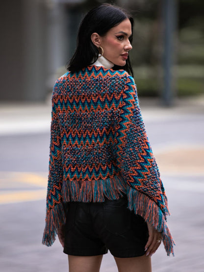 Fringe Hem Boat Neck Poncho.