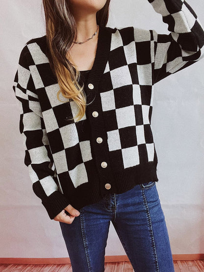 Checkered Open Front Button Up Cardigan.