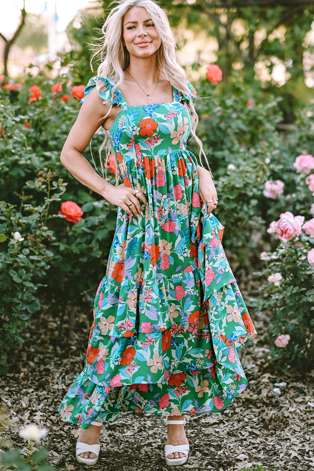 Green Floral Print Sleeveless Ruffle Tiered Maxi Dress Delight