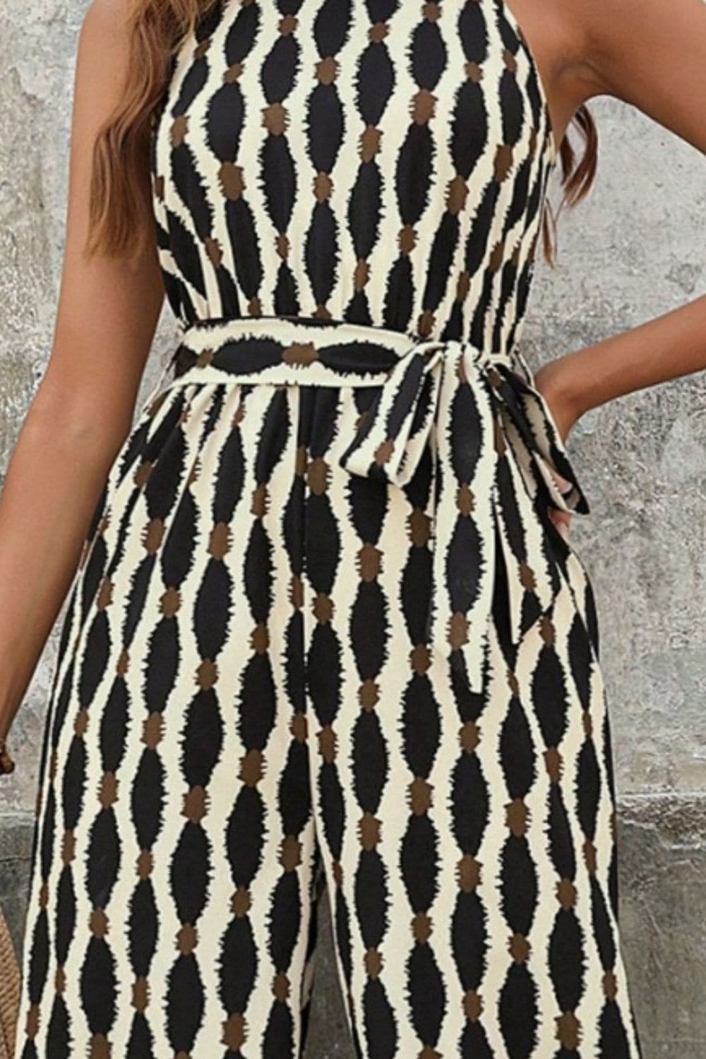 Tied Printed Grecian Neck Jumpsuit.