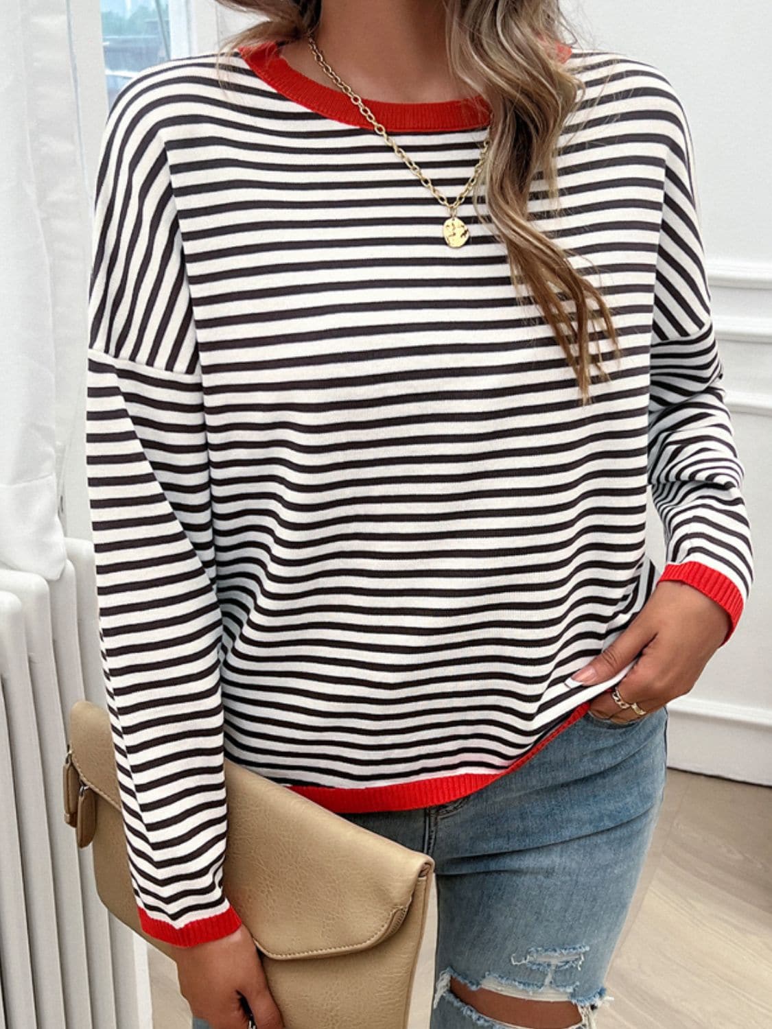 Striped Round Neck Dropped Shoulder Sweater.