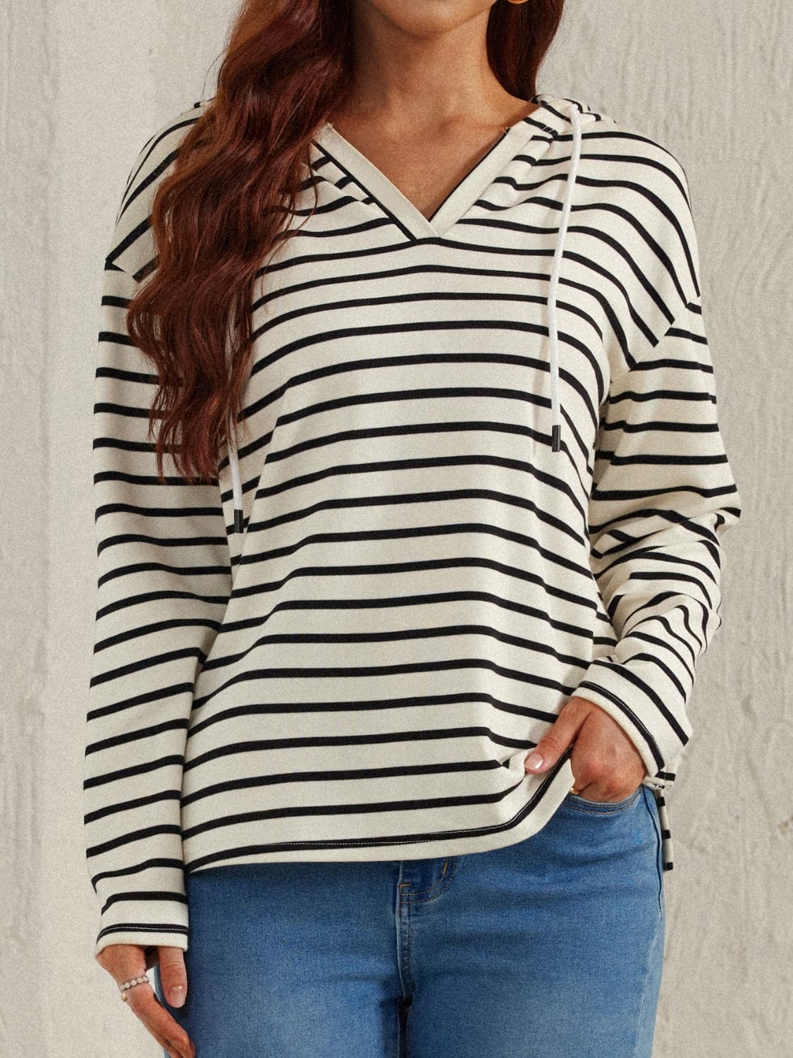 Drawstring Striped Long Sleeve Hoodie.