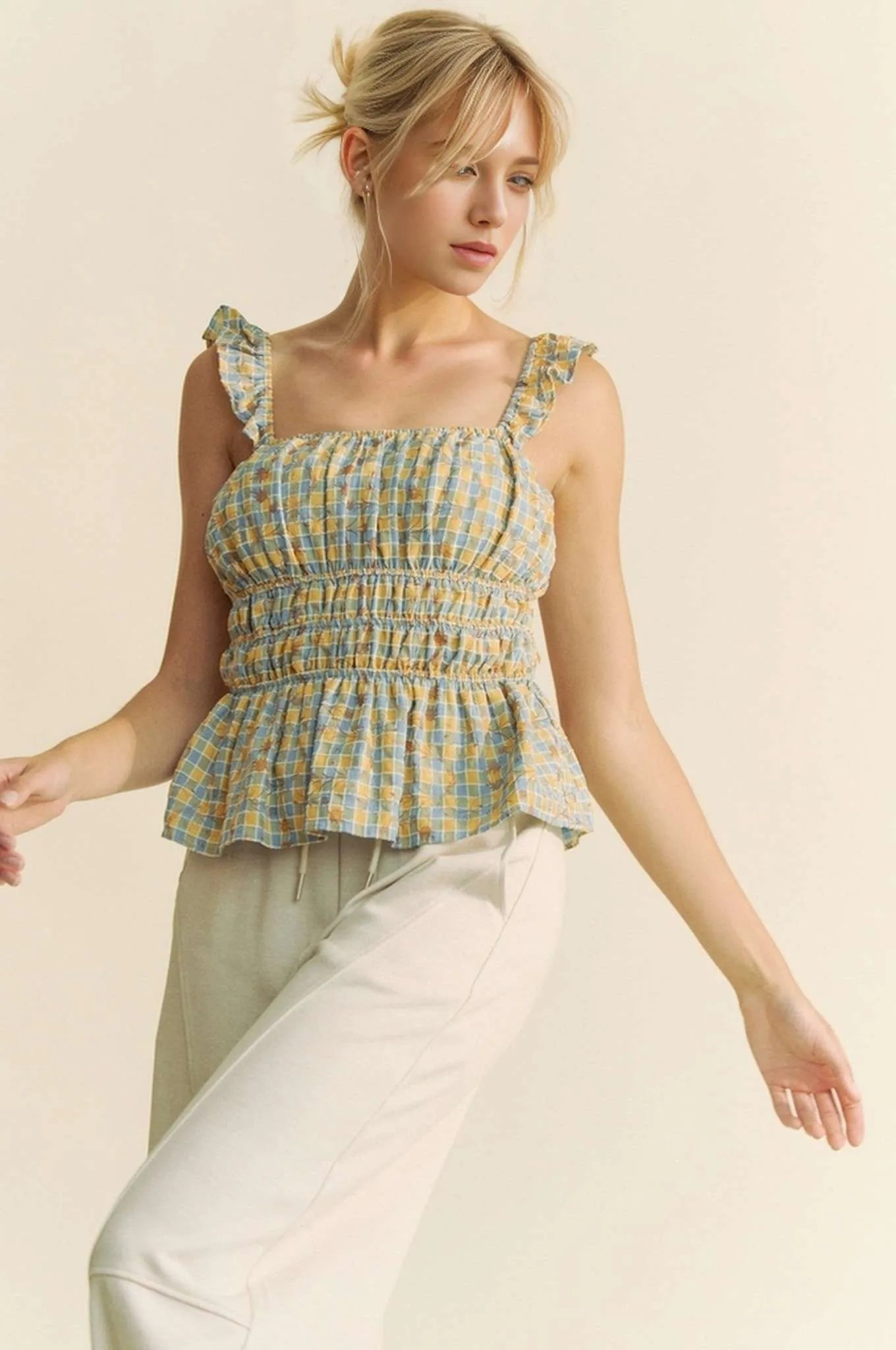 Davi & Dani Plaid Ruffled Strap Smocked Sleeveless Top - Love Salve 