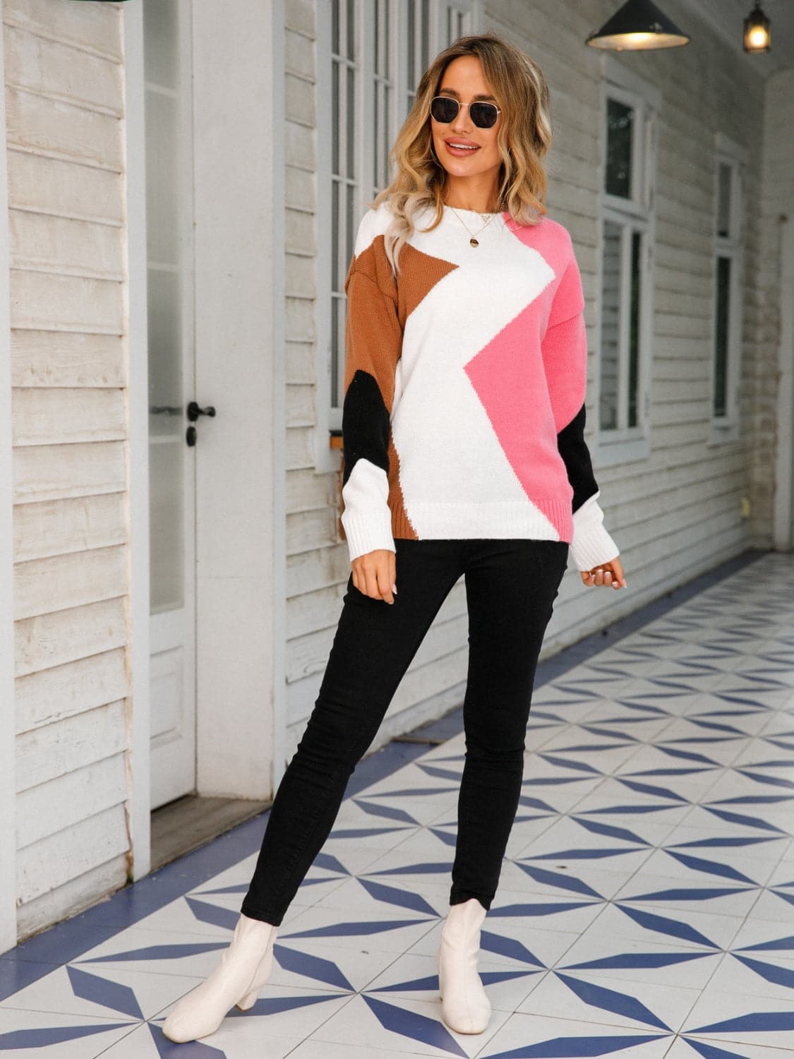 Color Block Round Neck Dropped Shoulder Sweater.