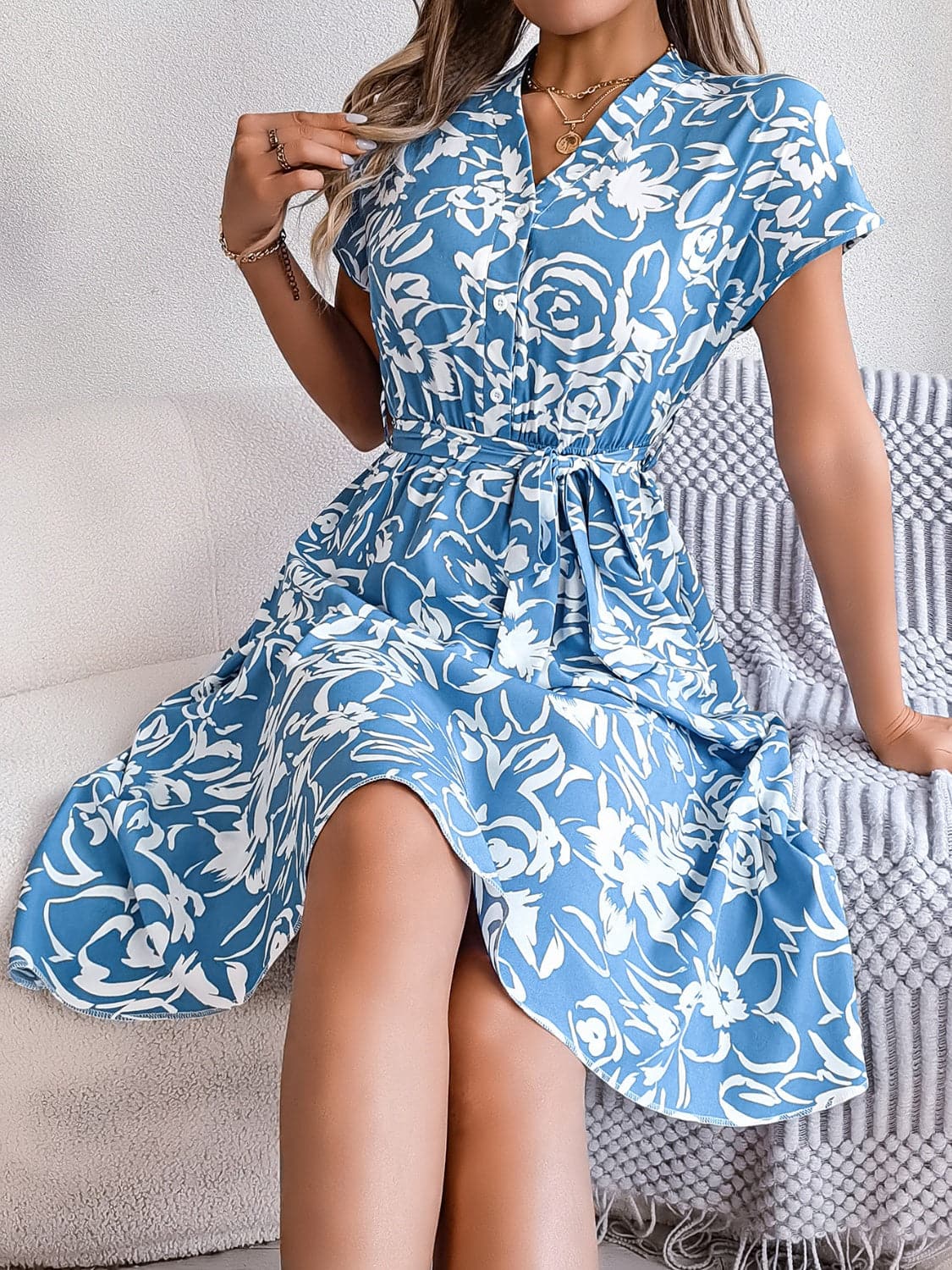 Printed V-Neck Short Sleeve Dress.