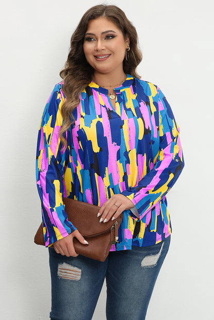 Chic blue plus size brushstroke print blouse with 3/4 sleeves