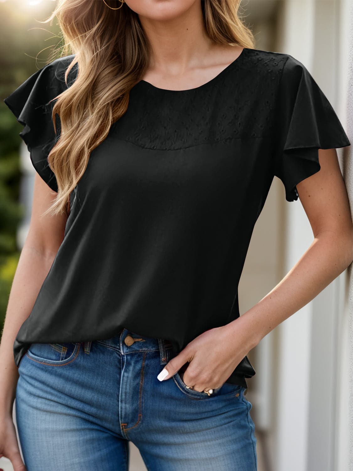 Full Size Ruffled Round Neck Short Sleeve Blouse.