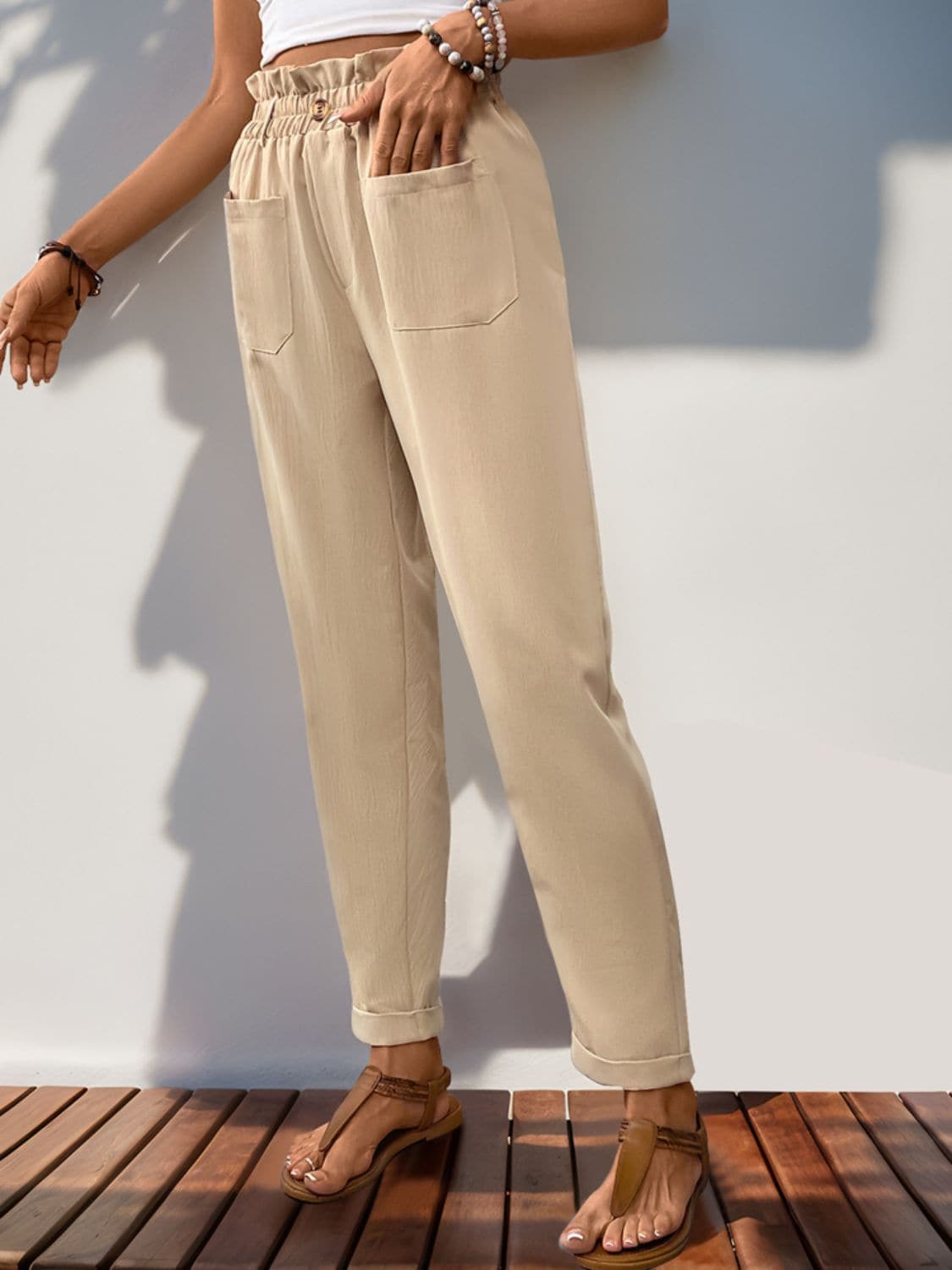 Frill High Waist Pants with Pockets.