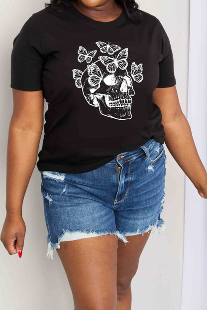 Chic butterfly skull graphic cotton t-shirt