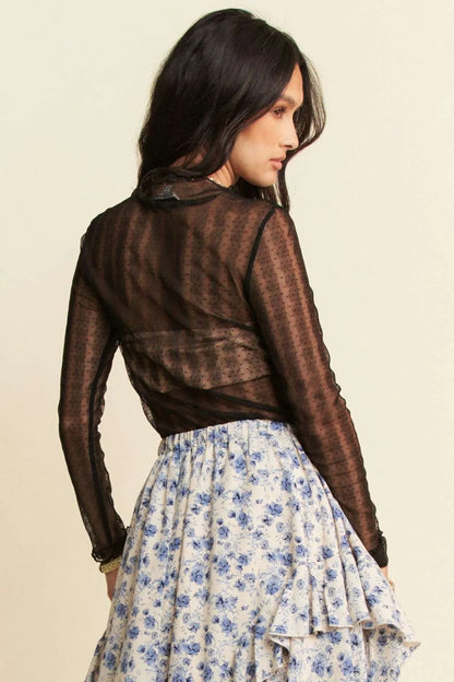 Davi & Dani Turtle Neck Lace Dotted Stretch Mesh Sheer Top - Love Salve 