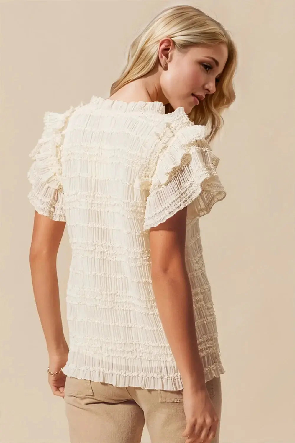 Oh Full Size Frill Notched Flounce Sleeve Blouse - Love Salve