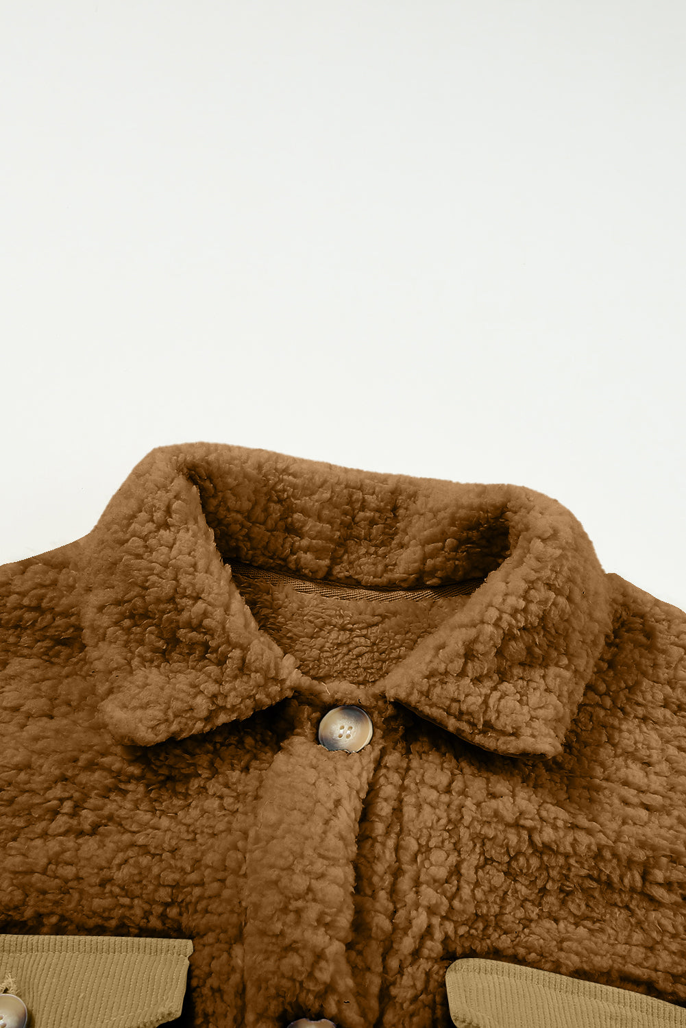 Khaki Single Breasted Teddy Coat with Contrast Flap Pockets