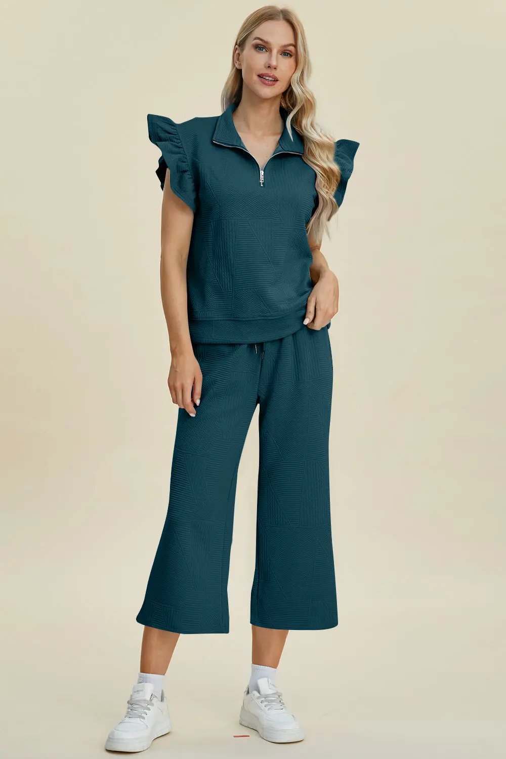 Double Take Full Size Texture Ruffle Short Sleeve Top and Wide Leg Pants Set - Love Salve