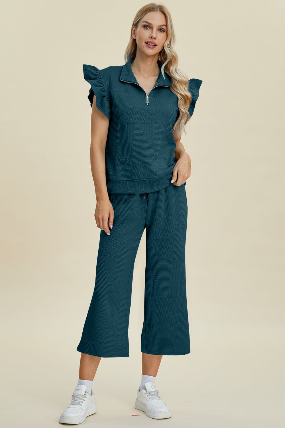 Double Take Full Size Texture Ruffle Short Sleeve Top and Wide Leg Pants Set.