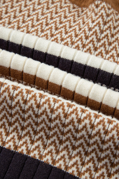 Premium Brown Stripe Knit Slim Sweater With Ribbed Trim Detail