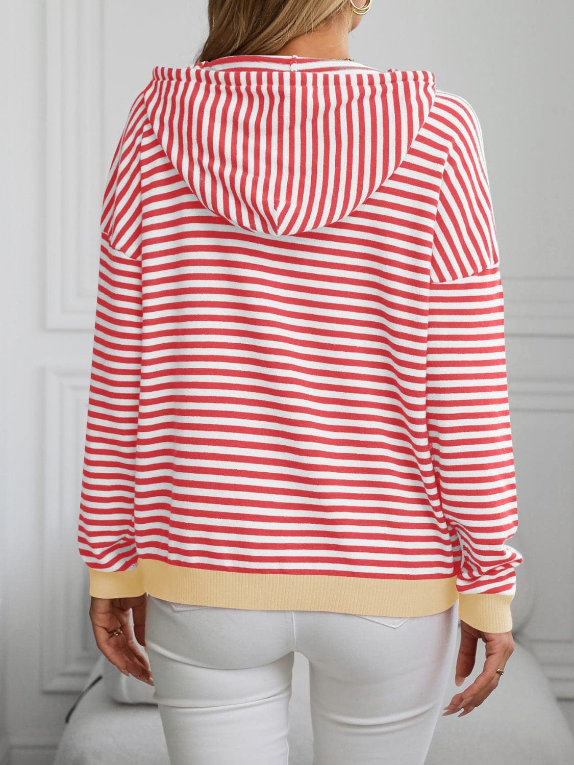 Striped Long Sleeve Hooded Knit Top.