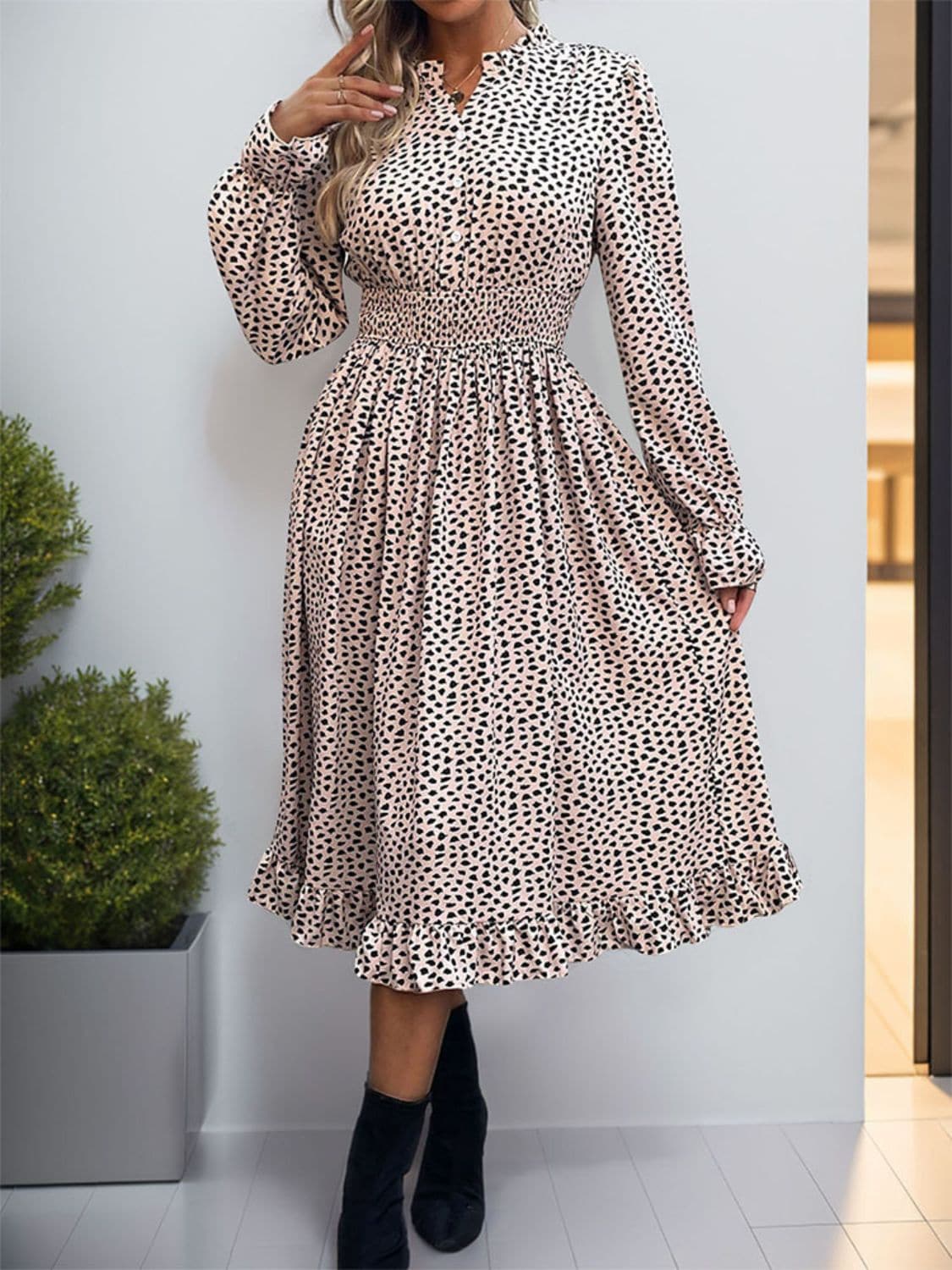 Ruched Ruffled Leopard Long Sleeve Dress.