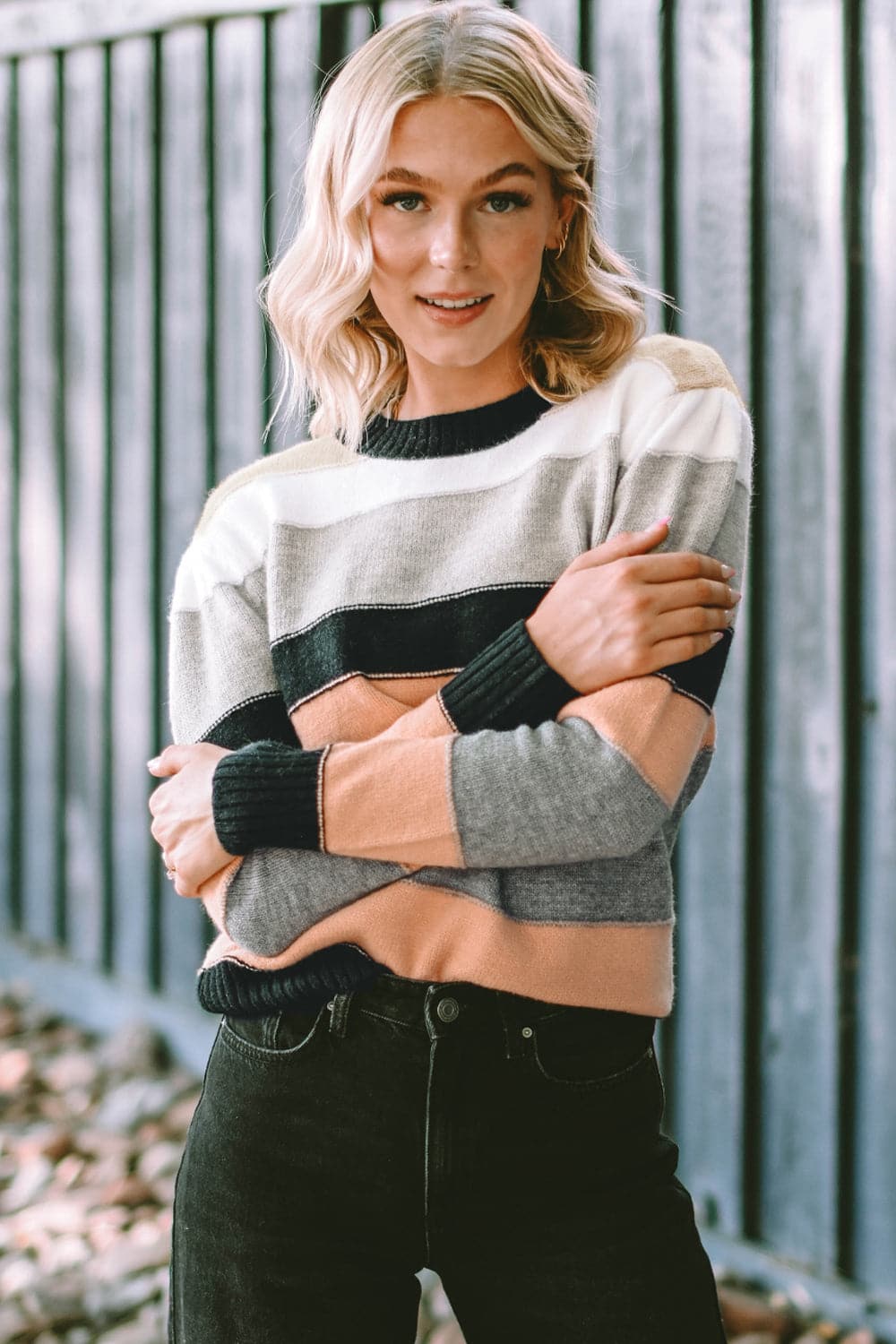 Striped Round Neck Long Sleeve Sweater.